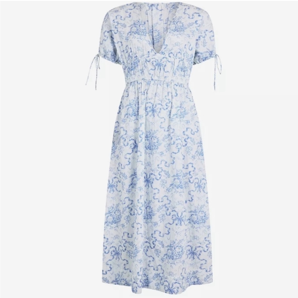 LoveShackFancy Blue and White Smocked Tie Front Midi Dress